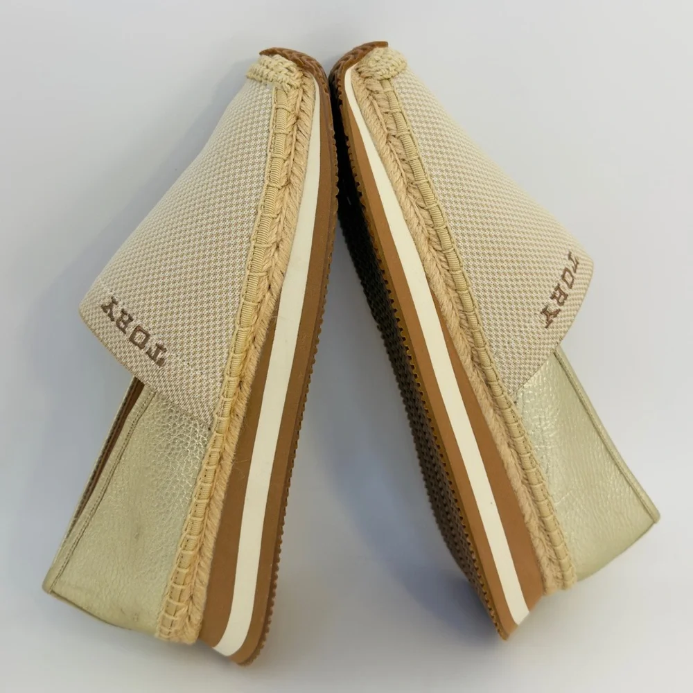 Tory Burch Gold/Beige Knit Fabric Daisy Espadrille Slip-On‎ Sneakers Sz 9